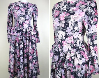 80's Cottagecore Macro Floral Dress / Black and Pink Fit and Flare Peplum Cotton Romantic Midi Dress / Size Small to Medium