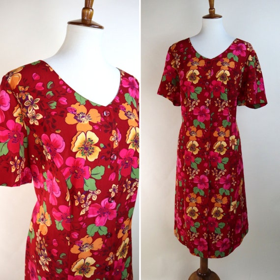 90's Red Hawaiian Floral Casual Summer Dress / Bo… - image 1