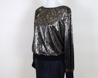 80's Vintage Gold Black Metallic Loose Slouchy Glam Top / Size Large