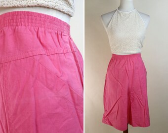 90's Pink High waist Summer Shorts / Elastic waist Wide Leg mom Shorts / Size Medium