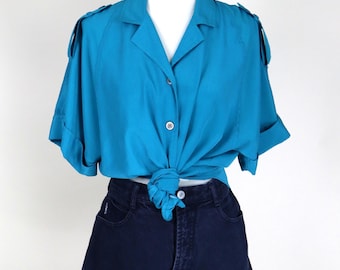 90's Vintage Teal Blue Retro Dressy Summer Shirt / Size Medium Large