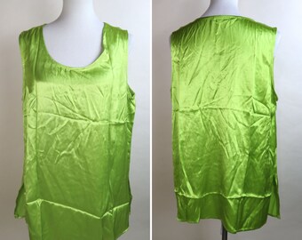 90's Neon Lime Green Satin Tank Top / Size Xlarge