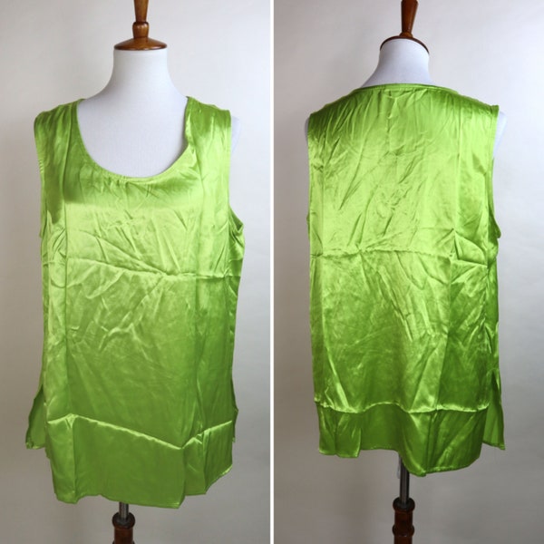 90's Neon Lime Green Satin Tank Top / Size Xlarge