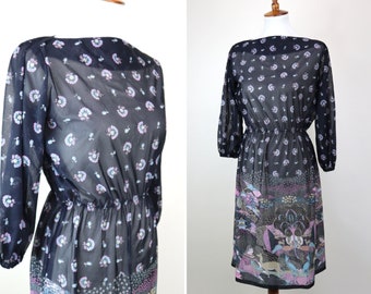 70's Sheer Hippie Secretary Day Dress / India Inspired Novelty Print / Women's Size Small to Medium