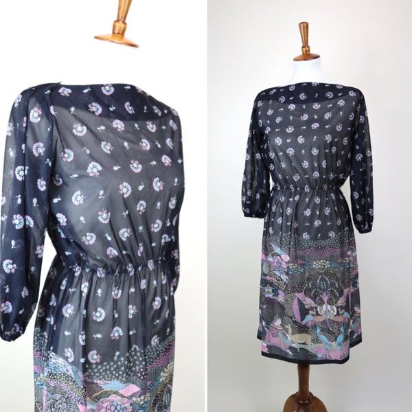 70's Sheer Hippie Secretary Day Dress / India Inspired Novelty Print / Women's Size Small to Medium