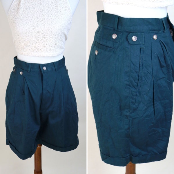 90’s Forest Green Khaki Mid Waist Pleated Shorts / Adventurecore Safari Summer Golf Shorts / Size Medium / 29 inch Waist