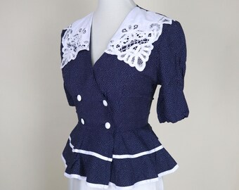 80's Navy Blue Romantic Lace Collar Peplum Fitted Blouse / Size XSmall to Small