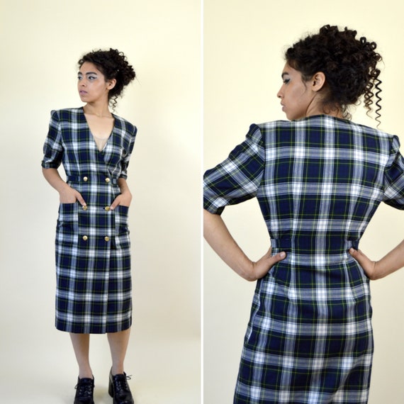 Vintage 80s Green Dark Academia Tartan Plaid  Dre… - image 1