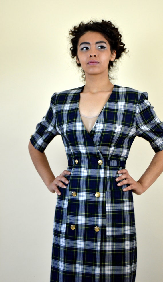 Vintage 80s Green Dark Academia Tartan Plaid  Dre… - image 5