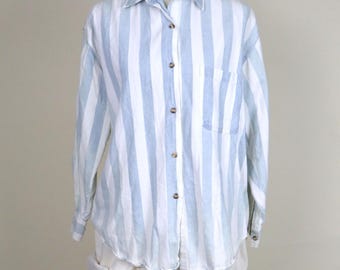 90's 80's Powder Blue White Striped Button Down Casual Denim Shirt / Size Medium Large