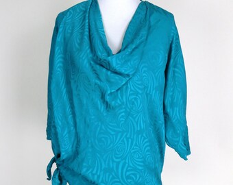 90's Teal Blue Swoop Neck Dressy Blouse with Waist Tie / Size Large