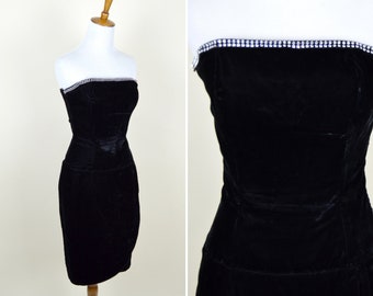 Vintage 1980s Black Velvet Rhinestone Bodice Wiggle Cocktail Dress / Sleeveless 80's Velvet Sheath / Size  Small