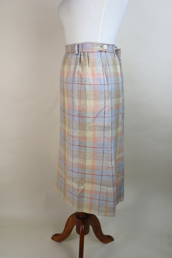 70's Cream Orange Plaid Silk Secretary Skirt / Au… - image 4