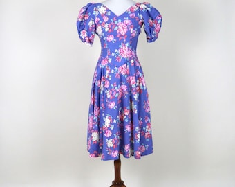 80's RARE Laura Ashley Blue Floral Puff Sleeve Cotton Princess Midi Dress / Size XS