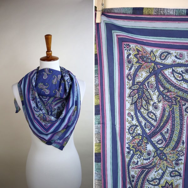 80's Blue Arabesque Paisley Academia Satin Square Fashion Scarf / Classic Gift For Her / Large Size 37X37 Inches