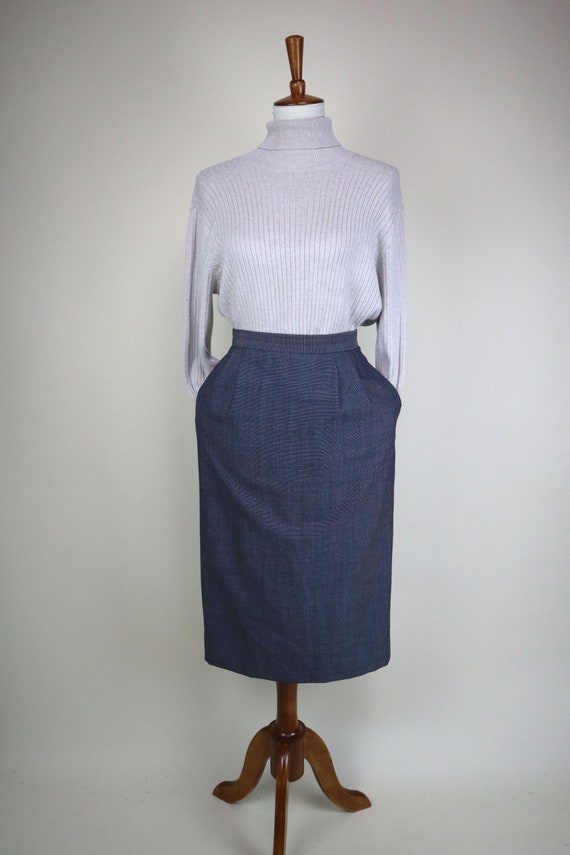 80's Gray Blue Plaid Pencil Secretary Skirt / Wom… - image 2