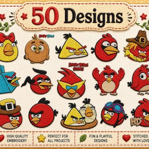 Angry Birds broderipaket, paket med maskinbroderimönster för tecknade fåglar, digital nedladdning av Angry Birds broderisamling