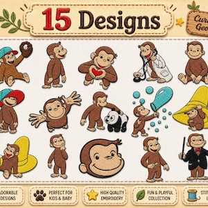 Op de afbeelding: Een collectie van 15 Curious George borduurontwerpen met de bruine aap in verschillende houdingen, waaronder met een honkbalpet, een hart, een stethoscoop, zeepbellen, een gele hoed en gekleed in een smoking.