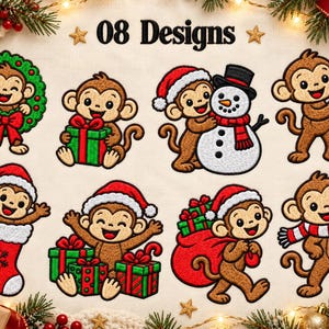 Puede incluir: Ocho diseños de monos bordados para Navidad, con monos con gorros de Papá Noel, cajas de regalo, un muñeco de nieve, una corona, un calcetín y una bufanda roja. El texto 08 Designs está centrado en la parte superior en hilo negro.
