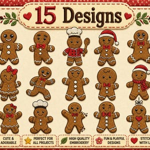 Gingerbread Embroidery Design Bundle, Christmas Gingerbread Cookie Embroidery Files, Cute Holiday Machine Embroidery Patterns