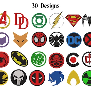 Könnte beinhalten: Eine Sammlung von 30 Designs mit verschiedenen Superhelden- und Comic-Logos, darunter Symbole für die Avengers, Daredevil, Green Lantern, Flash, Superman, Spider-Man, Batman, Hulk, Hydra, Punisher, Deadpool und Sonic.