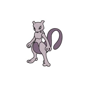 May include: An embroidered patch featuring the character Mewtwo, depicted in shades of light purple and dark violet. The design shows the creature in a standing pose with a long, curved tail, defined by dark outlines and a textured stitch pattern.