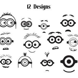Könnte beinhalten: Eine Sammlung von 12 schwarz-weißen Grafikdesigns mit verschiedenen Augen- und Brillen-Ausdrücken von Zeichentrickfiguren. Das Set enthält unterschiedliche Augenformen, Augenbrauenpositionen und Mundausdrücke auf weißem Hintergrund.