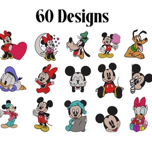 May include: A collection of 60 designs featuring various cartoon characters including mice, a duck, a dog, and a tall canine. The characters are depicted in multiple poses, some holding objects like hearts, pillows, and blocks, with the text 60 Designs above.