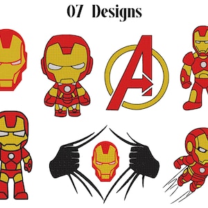 Może przedstawiać: Kolekcja siedmiu haftowanych wzorów przedstawiających postać Iron Mana w różnych pozach, czerwono-żółte logo Avengers oraz napis 07 Designs. Grafiki wykorzystują żywą paletę kolorów czerwieni i złota z czarnymi konturami.