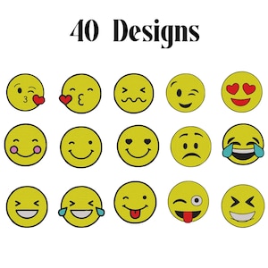 May include: A collection of 15 yellow circular emoji icons arranged in three rows, featuring various facial expressions including smiling, winking, laughing, and kissing. The text 40 Designs is printed in black at the top of the image.