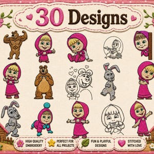 May include: A collection of 30 embroidery designs featuring a young girl in a pink headscarf and dress, a brown bear, and a grey rabbit. The set includes various poses, line art illustrations, and small house motifs with green trees and pink flowers.