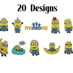 May include: A collection of 20 embroidery designs featuring yellow Minion characters in blue overalls. The image displays various Minions in different poses, some holding bananas, one with an apple on its head, and the text Minions in yellow.