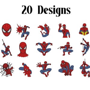 Può includere: Una collezione di 20 disegni che raffigurano il personaggio Spider-Man in varie pose, tra cui accovacciato, che si arrampica e che saluta. Il personaggio indossa un costume rosso e blu con un motivo a ragnatela nero. Il testo 20 Designs è in alto.