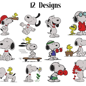 Puede incluir: Una colección de 12 diseños que muestran al perro de dibujos animados Snoopy y al pájaro Woodstock en diversas actividades, como andar en patineta, boxear, hacer ejercicio y sostener flores, sobre un fondo blanco con el texto 12 Designs.