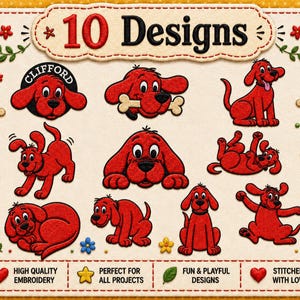 Paquete de bordado de perro rojo adorable, 10 diseños de bordado a máquina de cachorros de dibujos animados, bordado de personajes de perros, descarga instantánea para máquina de bordar