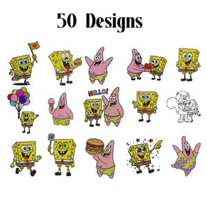 Puede incluir: Una colección de 50 diseños con ilustraciones estilo bordado de Bob Esponja y Patricio Estrella en varias poses, incluyendo sosteniendo banderas, globos, hamburguesas y helados, con el texto 50 Designs en la parte superior.