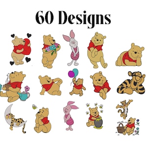 Peut inclure: Image présentant des broderies de Winnie l'ourson et ses amis. Les motifs incluent Winnie, Porcinet, Tigrou et d'autres personnages dans diverses poses et situations. Le texte "60 Designs" est en haut.