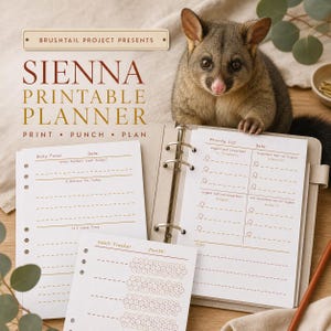 Peut inclure: Un ensemble de planificateur imprimable comprenant une feuille de focus quotidien, un suivi d'habitudes et une page de liste de priorités avec une matrice à quatre quadrants. Le texte indique Brushtail Project Presents Sienna Printable Planner.
