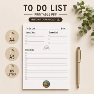 To Do List Printable PDF | Minimalist Task Planner & Daily Organizer | Priority Tasks + Meal Planner | A4 A5 US Letter | Instant Download