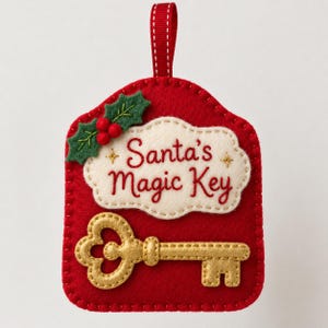 May include: A red felt ornament with a hanging loop, featuring a cream-colored scalloped patch embroidered with the red text "Santa's Magic Key" and two small gold stars. A gold felt key is stitched below, with green holly and red berries.