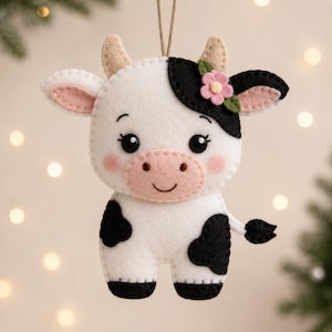Puede incluir: Adorno de vaca de fieltro hecho a mano con una cara sonriente, manchas negras y una flor rosa. La vaca blanca tiene orejas y mejillas rosadas. Se adjunta una cuerda marrón para colgar. Decoración caprichosa.