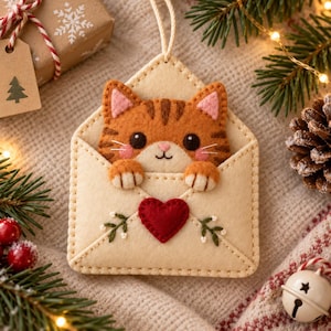 Puede incluir: Un adorno de fieltro con forma de sobre del que asoma un gato atigrado naranja. El sobre es de color crema, decorado con un corazón de fieltro rojo y ramitas verdes bordadas en la parte delantera. Incluye una cuerda para colgarlo.