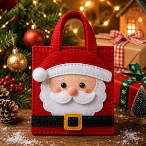 May include: A red felt gift bag featuring a Santa Claus face design with a white beard, a hat with a pom-pom, and a black belt with a yellow buckle. The bag has two red handles and is constructed from layered felt pieces with visible stitching.