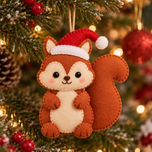 May include: A felt squirrel Christmas ornament featuring a brown body with a cream-colored belly and face. The squirrel wears a red Santa hat with a white brim and pom-pom. It has black bead eyes, a stitched nose, and pink cheeks, hanging by a string.