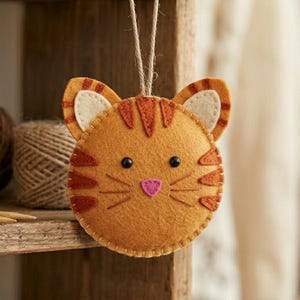 May include: A circular felt cat decoration with orange and brown stripes, black eyes, and a pink nose. The ornament has stitched details and a hanging string. The cat's ears are also orange and brown. The background includes wooden shelves and a ball of twine.