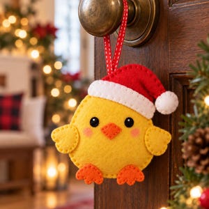 May include: A yellow felt chick ornament wearing a red and white Santa hat, featuring black eyes, an orange beak, and orange feet. The chick is suspended by a thin red ribbon with white stitching from a round brass-coloured metal door knob.
