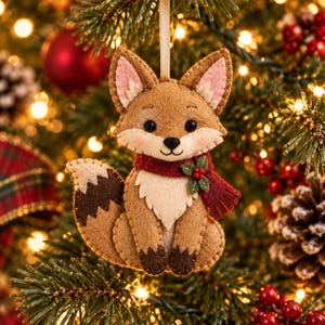 May include: A felt fox ornament featuring a tan body, white chest, and dark brown tail tip. The fox wears a red scarf with a small green leaf and red berry accent. It has black bead eyes, a black nose, and pink inner ears, suspended by a ribbon.