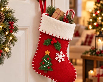 May include: A red felt Christmas stocking with a white cuff, featuring decorative appliqués of a green Christmas tree, a white snowflake, and holly leaves with red berries. A small gift box and a candy cane are tucked inside the top opening.