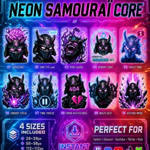 Neon Samurai Oni Mask Twitch Emote Bundle, Cyberpunk Demon Warrior Discord Emote Pack, Glitch Streamer Png Kick Youtube Sub Badge Set