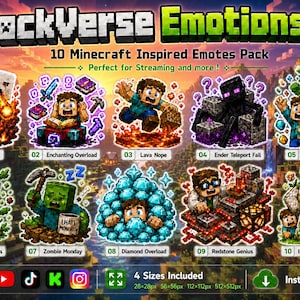 Blocky Pixel Emote Pack、10種類のゲーマーTwitchサブバッジ、ストリーマーDiscordアイコン、Funny Cube World Emoji Set、Creeperステッカーバンドルのダウンロード